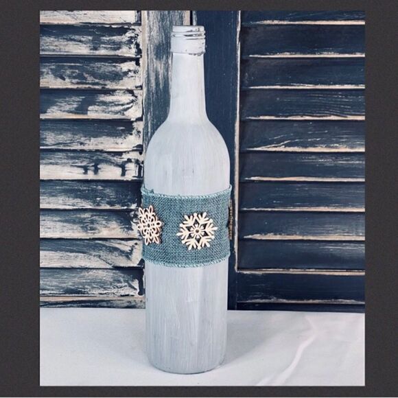 Hand-Painted Blue Wine Bottle with Burlap Ribbon & Wood Snowflakes - Picture 3 of 3